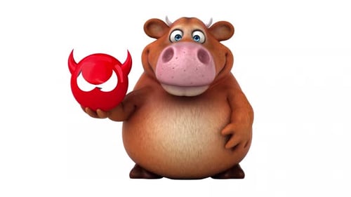 Animated 3D Cow Character Holds Devil Icon and Gestures