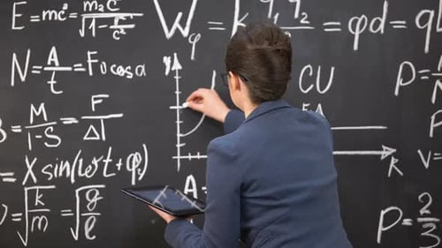 Female Teacher Drawing Graph on Chalkboard and Holding Tablet, Innovations