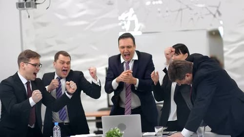 Business Male and Female Celebration Victory Smiling Watching on Computer Pc