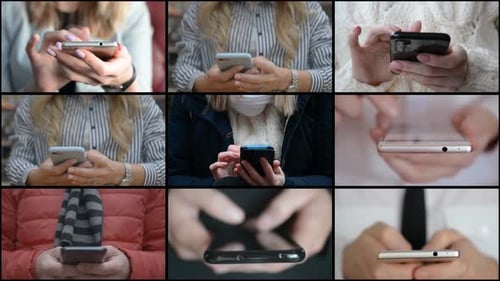 Collage of People Hands Using Mobile Phone
