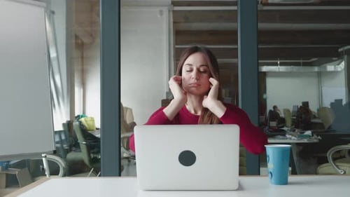 Smiling Satisfied Young Businesswoman Finished Computer Work Stretching Sitting at Workplace Desk at