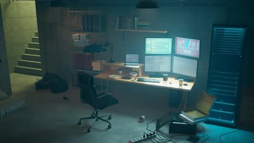 Animated Data and Code in a Futuristic Basement Workspace