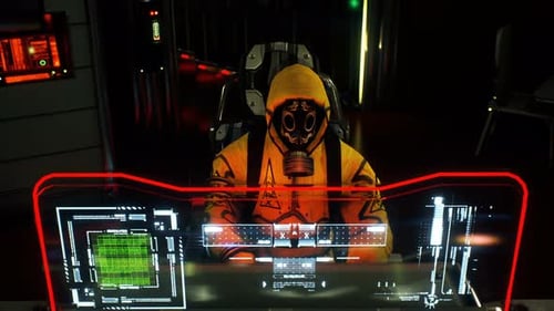 Sci-Fi Control Room with Holographic Data Interface and Hazmat Suit