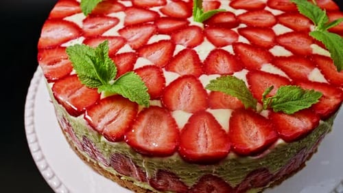 Strawberry Cake with Mint Garnish Close Up