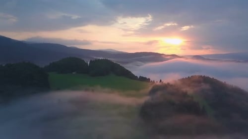 Sunrise Over Misty Hills, Aerial Landscape