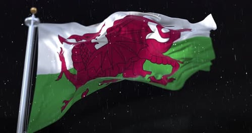 Realistic Waving Flag of Wales in Rainy Weather
