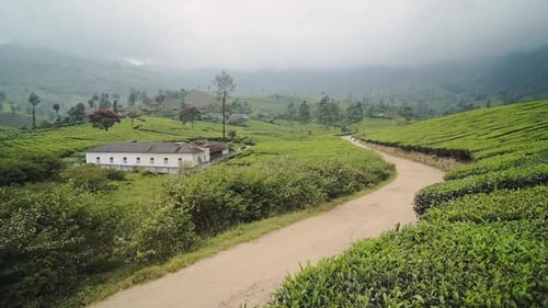 Un petit bâtiment au milieu des collines avec un chemin de terre escarpé situé à Munnar. -plan large