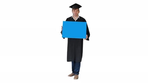 Young Graduate Holds Chroma Key Blue Sign and Smiles