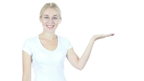 Woman Presenting to the Side on White Background