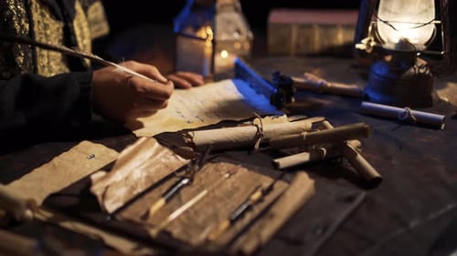 Writing with Quill Pen in Historical Setting