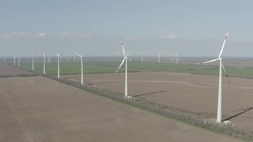 Aerial View of Powerful Wind Turbine Farm for Energy Production