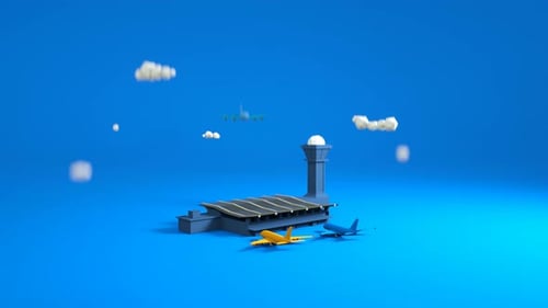 3D-Animationsflughafen mit Flugzeugen auf blauem Hintergrund