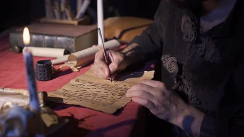 Man Writes Letter With Quill by Candlelight