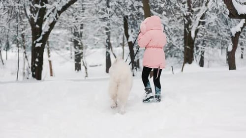 Girl Walking Dog in Snowy Winter Park