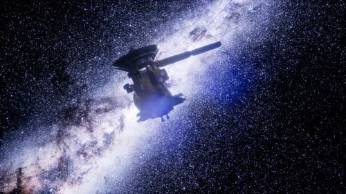 Advanced Space Probe Flying Through Starry Galaxy