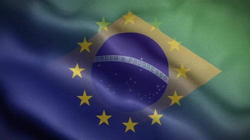 European Union and Brazil Flags Waving Together