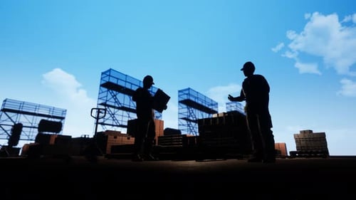 Construction Workers Silhouettes Discussing Plans on Site