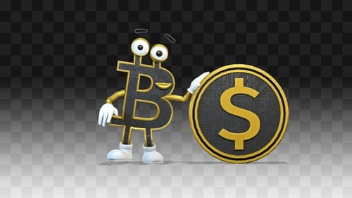 Animated Bitcoin Character Holding Dollar Coin