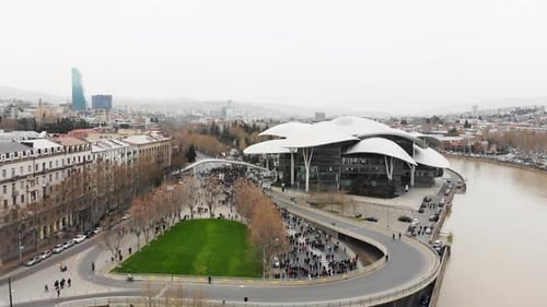 Fly Over Crowd People Protesting In Tbilisi Streets, Georgia