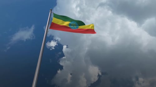 Waving Ethiopian Flag with Realistic Sky Background