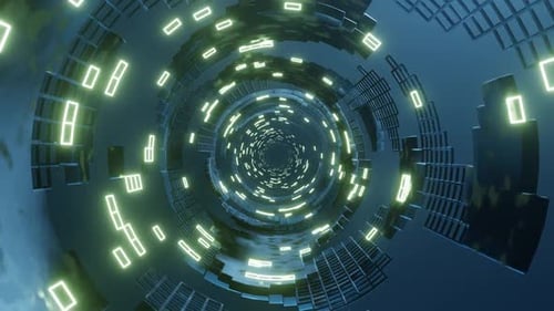 Abstrait visuel sans fin de tunnel de science-fiction avec grille multicolore néon de carrés en boucle transparente