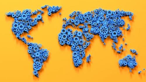 Global Business World Map with Spinning Gears Animation