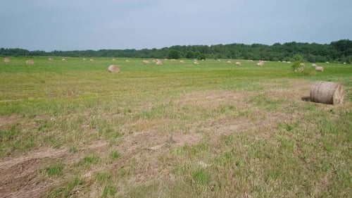 Aerial View of Hay Bales on the Green Field