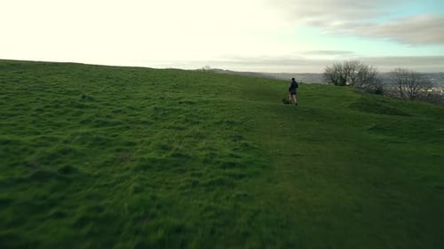 Aerial Drone Countryside Runner With Dog Sunrise Sunset Hilltop View