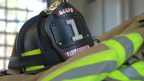 Black firefighter helmet on top of a protective fire coat inside a fire station
