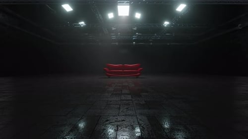 3D gerenderte Animation eines glänzenden roten Ledersofas im dunklen Raum
