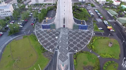 Aerial footage of Hallgrimskirkja church in Reykjavik, Iceland