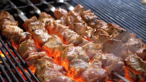 Meat Grilled on Skewers on the Grill on the Street Market