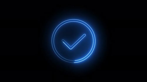 Blue light glowing check mark icon. Check mark symbol glowing neon light animation.