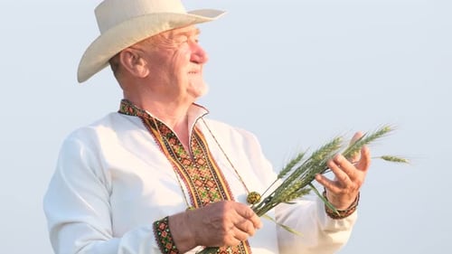 Happy Man Holding Wheat Stalks in a Field