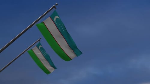 Uzbekistan Flags Waving in Blue Sky with Realistic Animation
