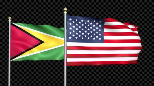 Guyana and USA Flags Waving on Flagpoles