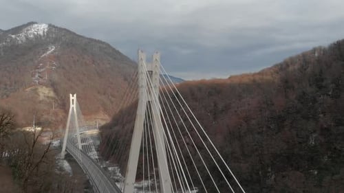 Aerial Drone Photography of an Unusual Bridge Highway and Mountains