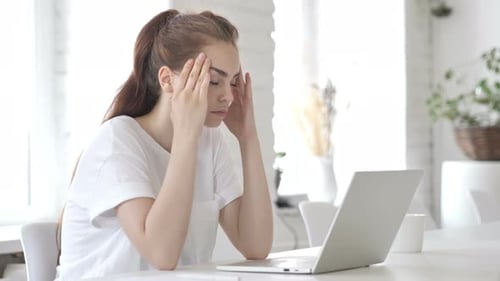 Headache, Young Woman in Tension Working in Office, Pain