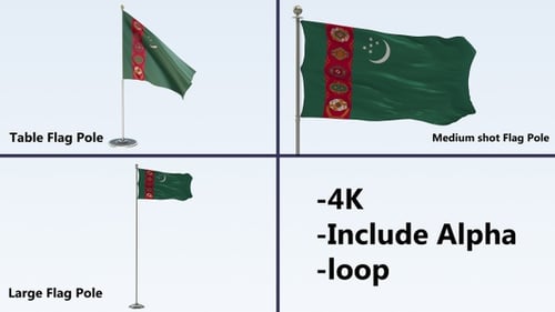 Waving Turkmenistan Flag on Pole with Alpha Channel