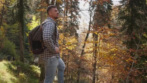 Mochileiro masculino está viajando na reserva natural