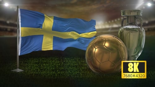 Swedish Flag, Gold Soccer Ball, and Trophy in Sports Stadium