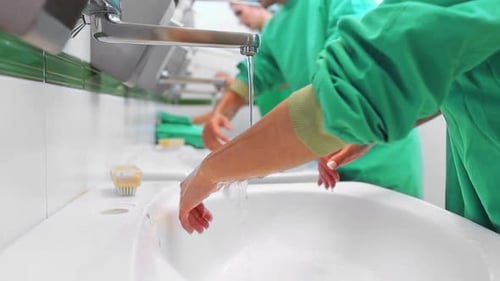 Medical Personnel Washing Hands in Hospital Preparation
