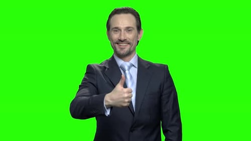 Portrait of Happy Businessman Shows Thumbs Up