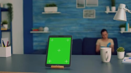 Home Studio Equipped with Tablet Computer with Mock Up Green Screen Chroma Key Display