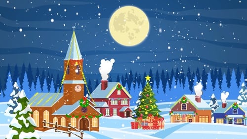 Christmas Village Church Bunte Nachtlichter - Weihnachts-Cartoon-Animationen
