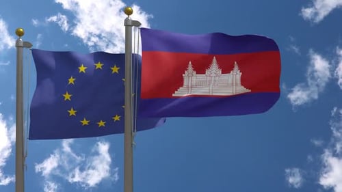 European Union and Cambodia Flags Waving with Realistic Wind and Clouds