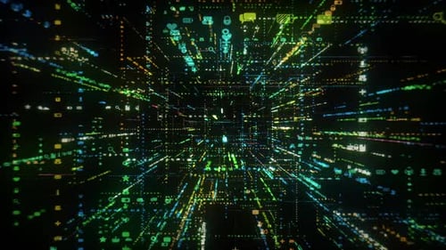 Futuristic Digital Network Grid with Animated Technology Icons