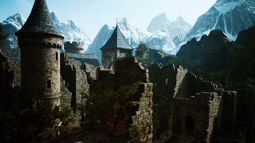 Ancient Castle at Sunrise with Mountains in Background