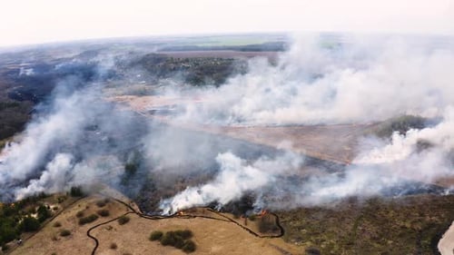 Aerial view of Air Pollution Caused by Wildfires. Flying above Clouds of Smoke