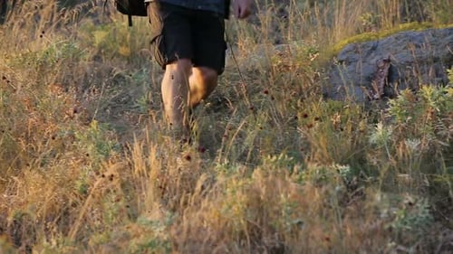 Man Hiking With Backpack Through Rural Nature